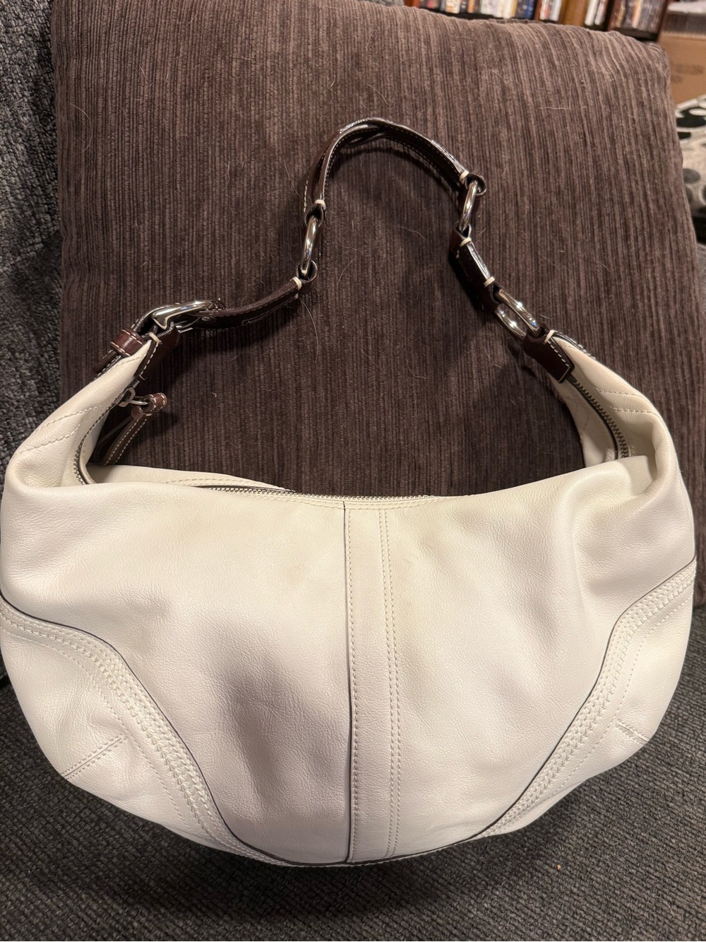 Coach Aoho Hobo Soft Cream Leather Shoulder Bag with Dark Brown Strap